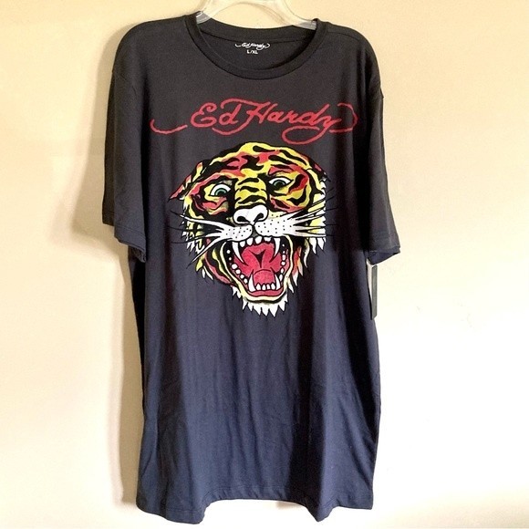 Ed Hardy Dresses & Skirts - NEW Ed Hardy by Christian Audigier Black Retro Y2K Tiger T-Shirt Dress Size L/XL